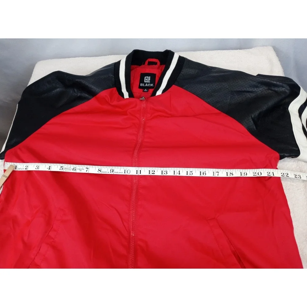 Mens Bomber Jacket sz Large Red Black Faux Leather Sleeve Varsity Full Zip Lined
